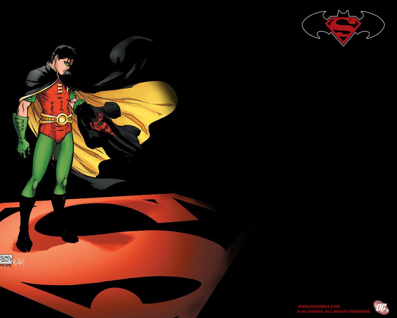 Tim Drake as Robin stands confidently in his iconic superhero outfit, featuring a red shirt, yellow cape, and green pants, against a bold black background and the Superman emblem.