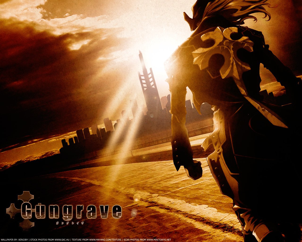 Anime, Gungrave — silhouetted coat-clad gunman strides down a sunlit highway toward a distant city skyline, bathed in dramatic orange backlight and long, stretching shadows.