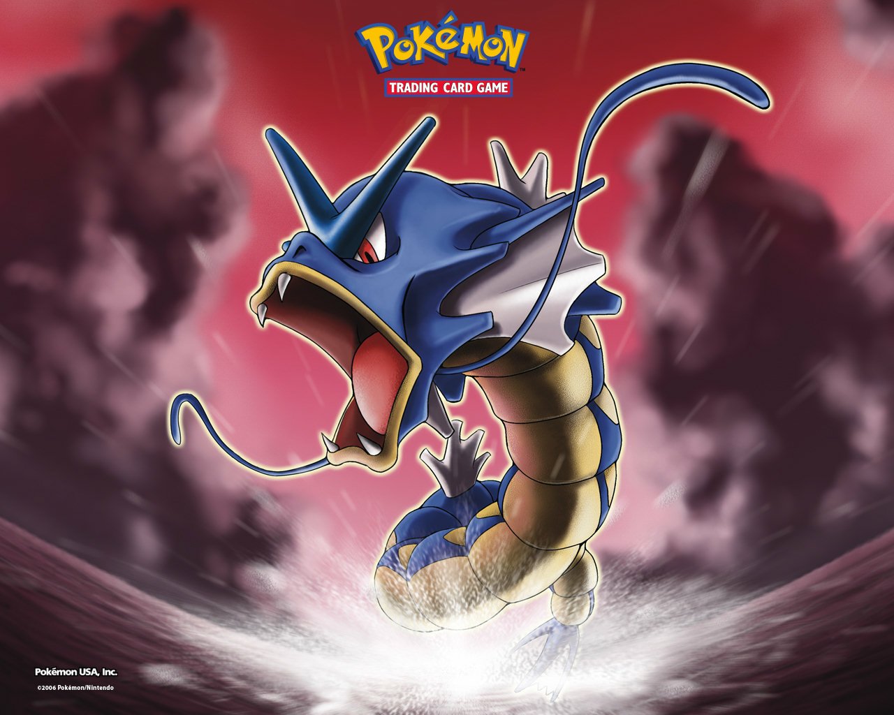Artwork of Gyarados from the Pokémon Trading Card Game, featuring the iconic water dragon Pokémon against a stormy red and purple background.