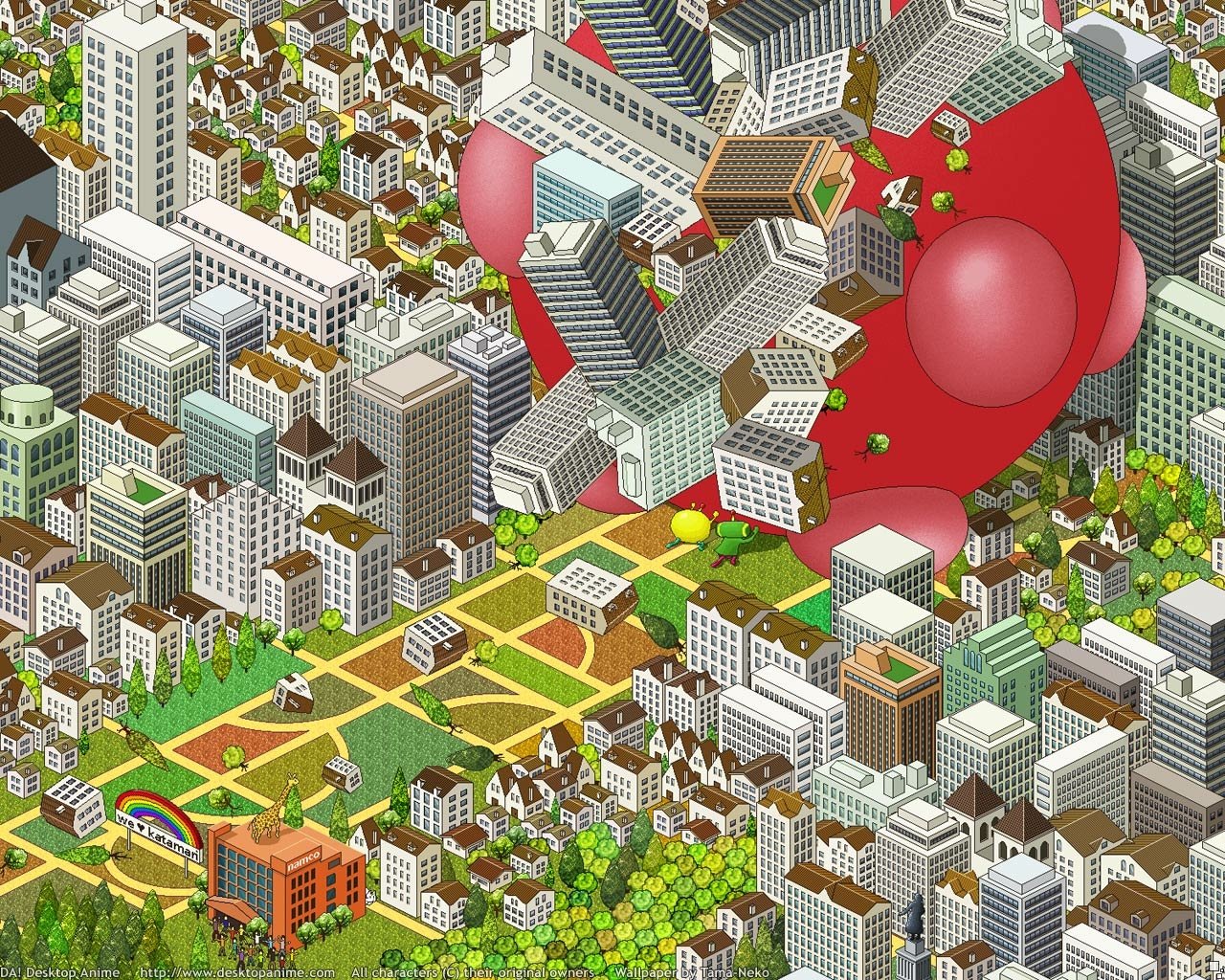 A large red Katamari ball from the video game Katamari Damacy rolls through and collects a densely packed cityscape.