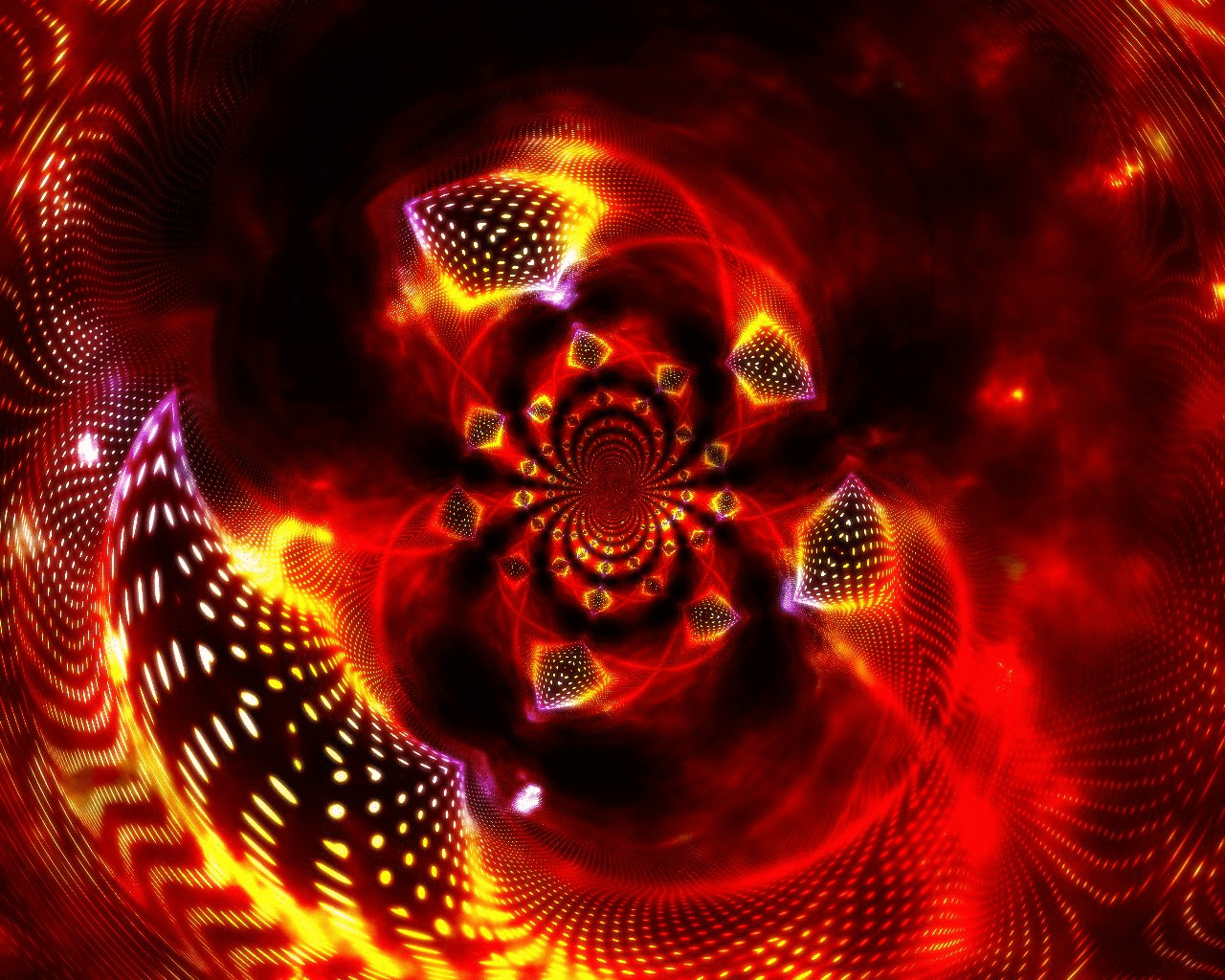 Abstract 3D red vortex of glowing yellow-orange dots and spiraling petal-like forms creating a hypnotic, tunnel-like fractal swirl.