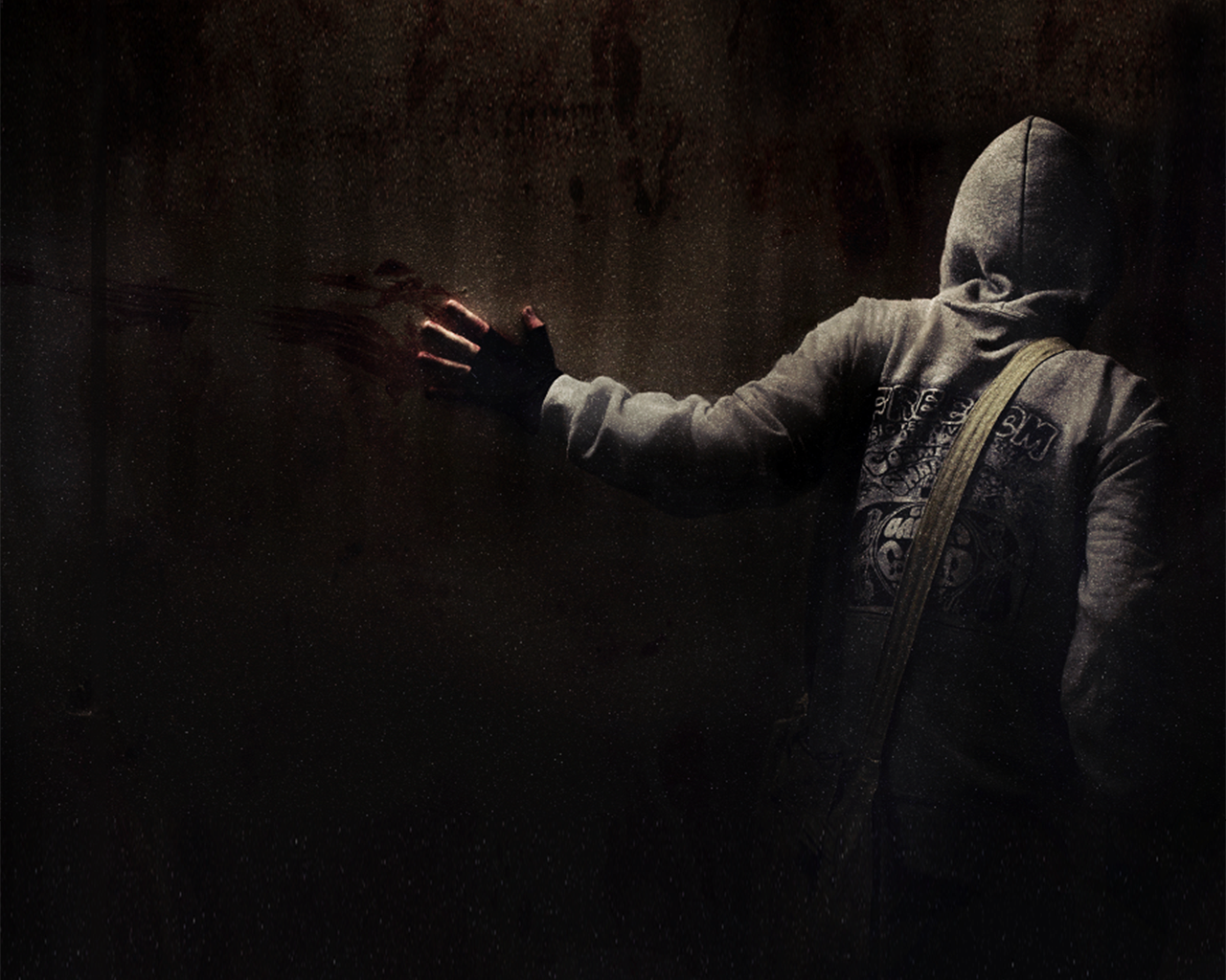 A hooded figure touches a dark, textured wall, evoking a tense atmosphere reminiscent of the video game Cry of Fear. Shadows enhance the haunting mood.