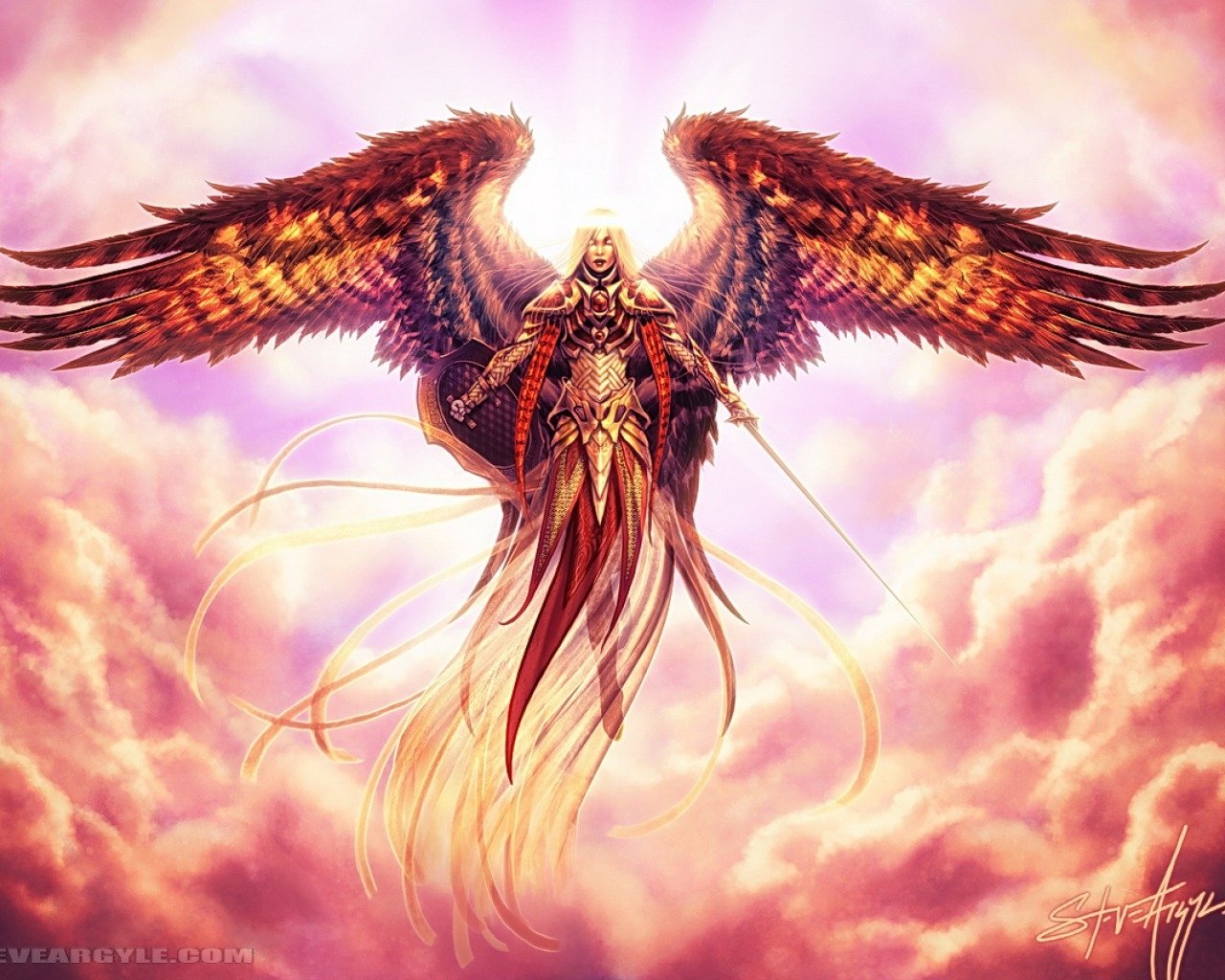 A majestic angelic figure with vibrant wings stands amidst clouds, radiating power and grace, captured in a stunning art piece inspired by Magic: The Gathering.