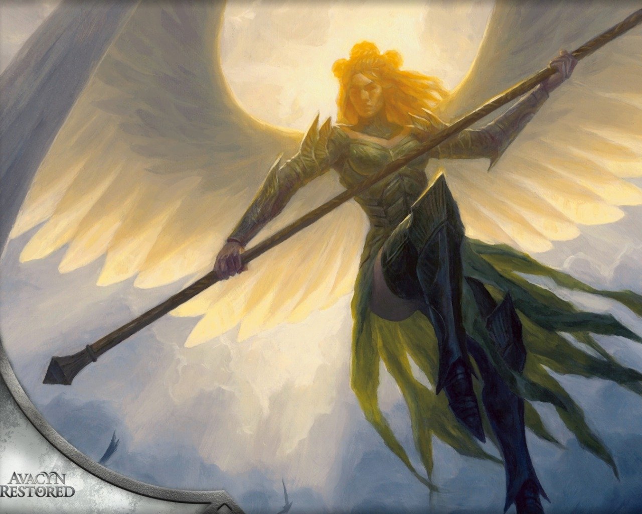 Man-made Magic: The Gathering card art of a winged angelic warrior wielding a long spear beneath a glowing sun halo.