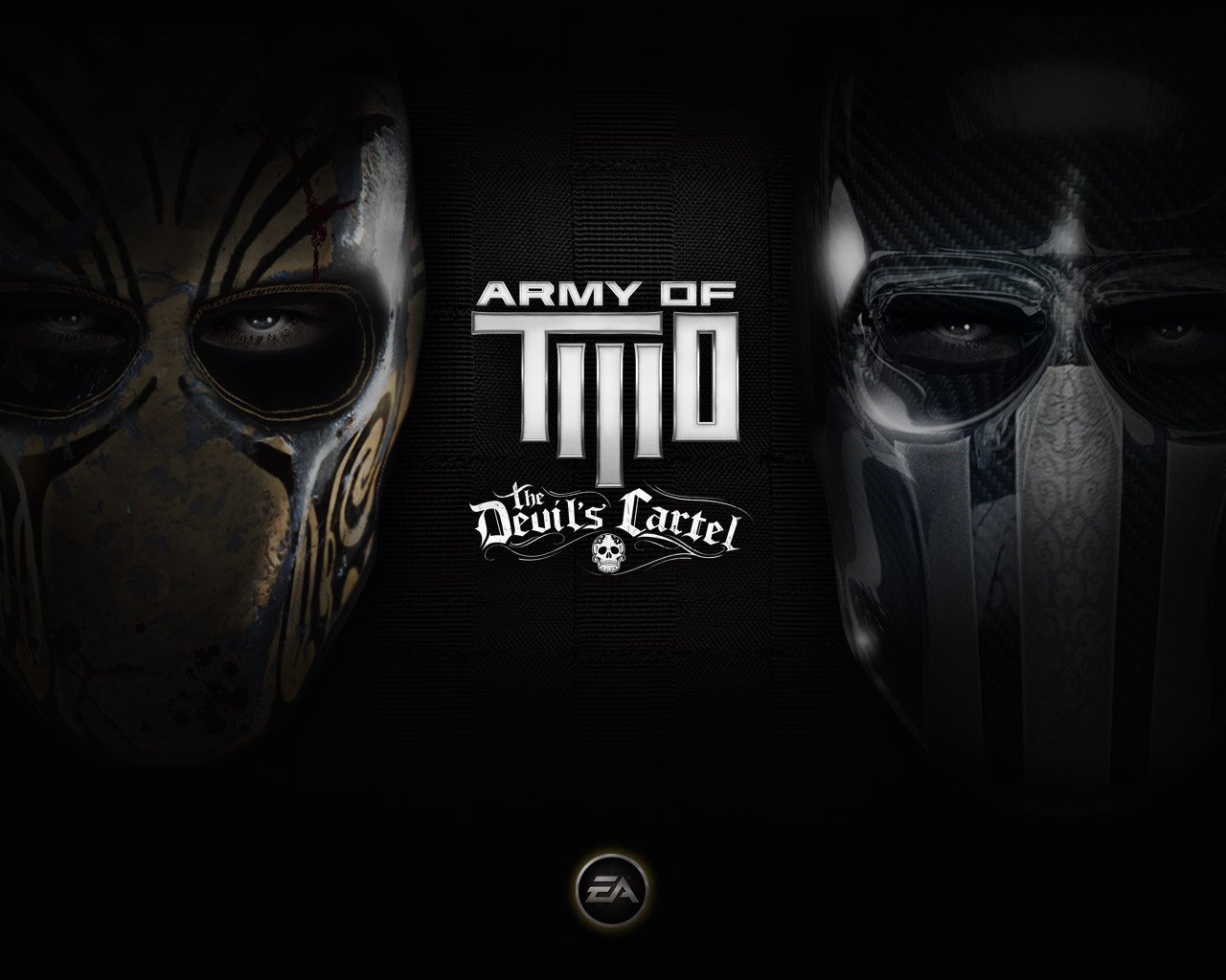 Dramatic promotional image for the video game Army of Two: The Devil's Cartel, featuring two distinct masks against a dark backdrop, emphasizing the game's intense cooperative action.