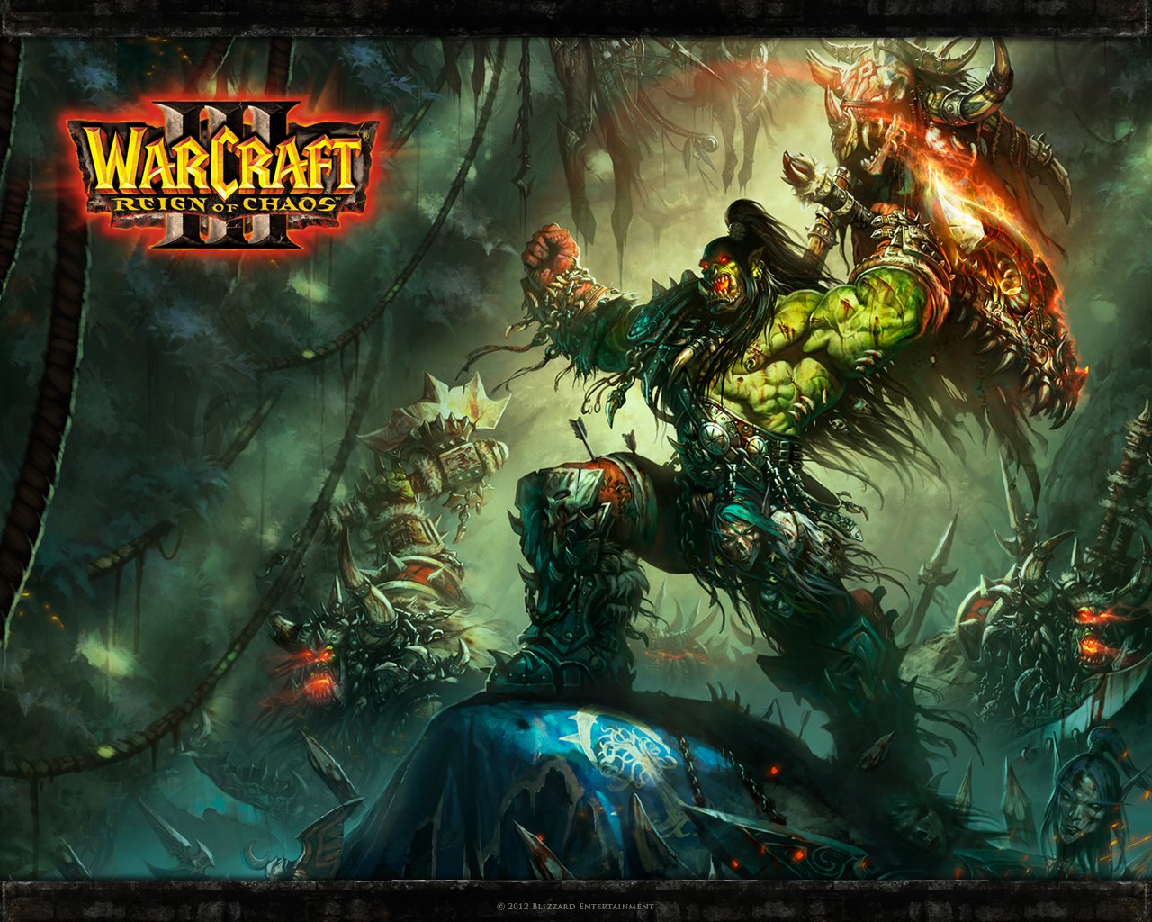 Artwork from the video game Warcraft III: Reign of Chaos featuring an orc warrior holding a fiery skull in a dark, eerie forest setting.