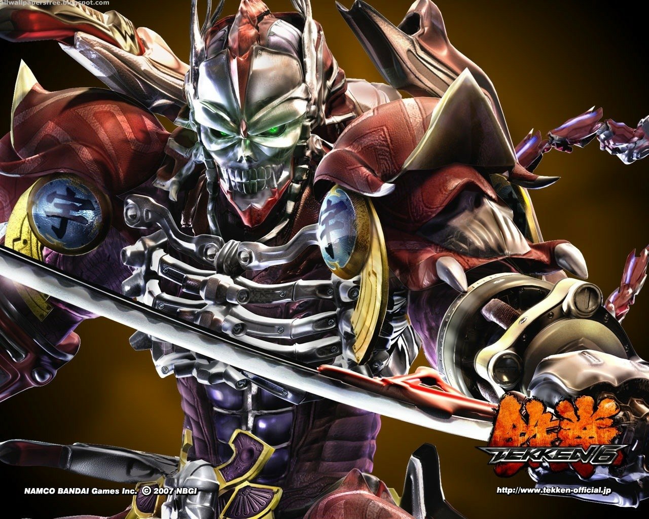 Character Yoshimitsu from the video game Tekken 6, depicted with a futuristic armored design, wielding a glowing sword against a dark background.