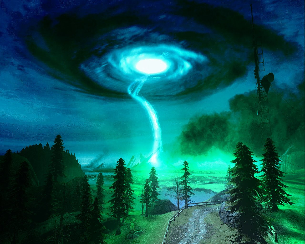 From the video game Half-Life 2: a glowing green vortex and column of energy dominate the sky over a pine-lined road and a distant radio tower.
