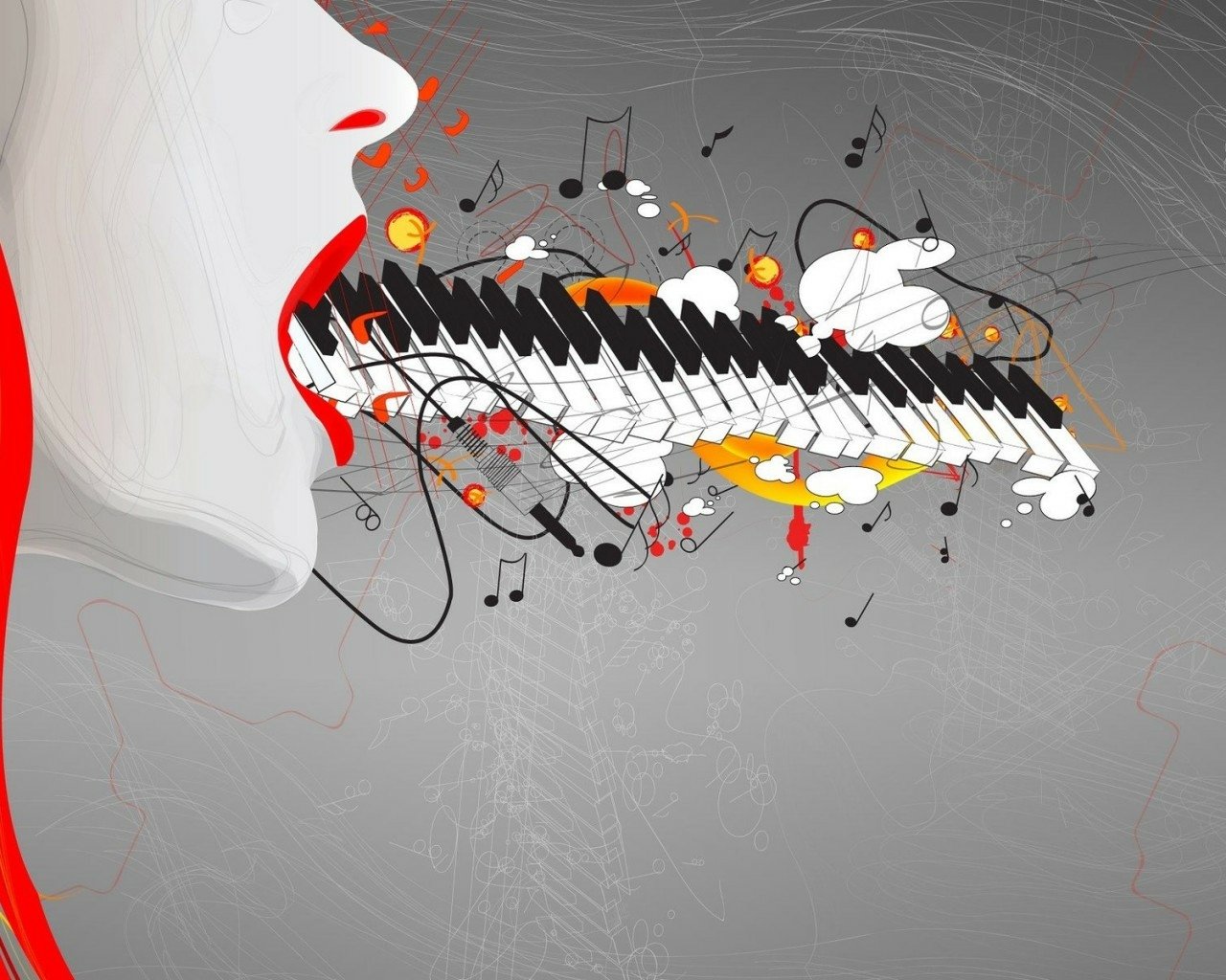 A stylized illustration of a person’s open mouth transforming into a vibrant keyboard with colorful music notes and abstract shapes flowing out.