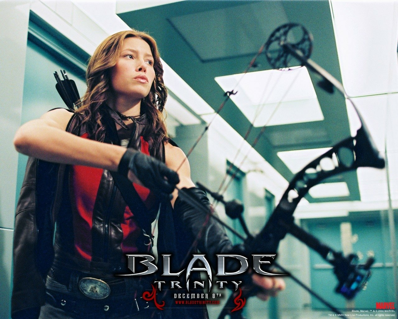 Female archer in leather and a red vest aims a compound bow down a sleek, clinical corridor; Blade: Trinity logo appears at the bottom.