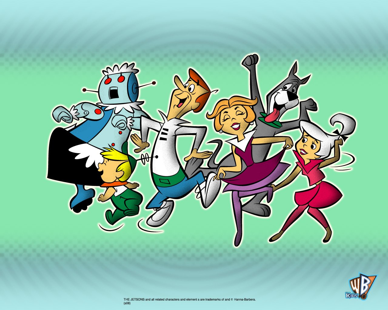 The Jetsons family and their robot Rosie joyfully leap together against a green-blue gradient background in this classic TV show image.