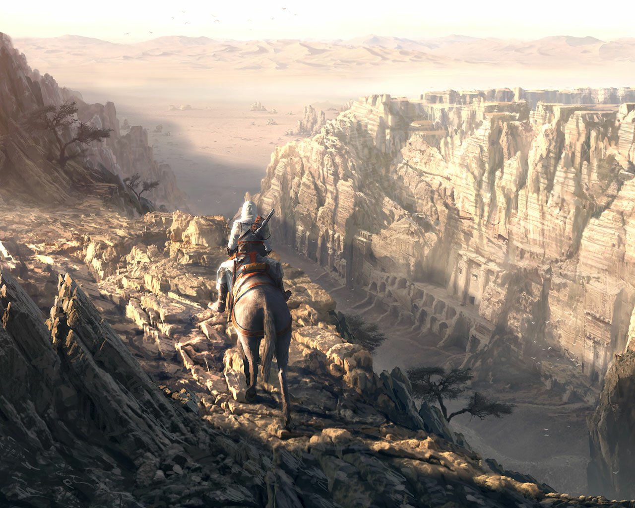 A lone rider on horseback gazes over a vast canyon landscape, evoking the immersive world of the video game Assassin's Creed: Brotherhood. The scene captures a sense of adventure and exploration.