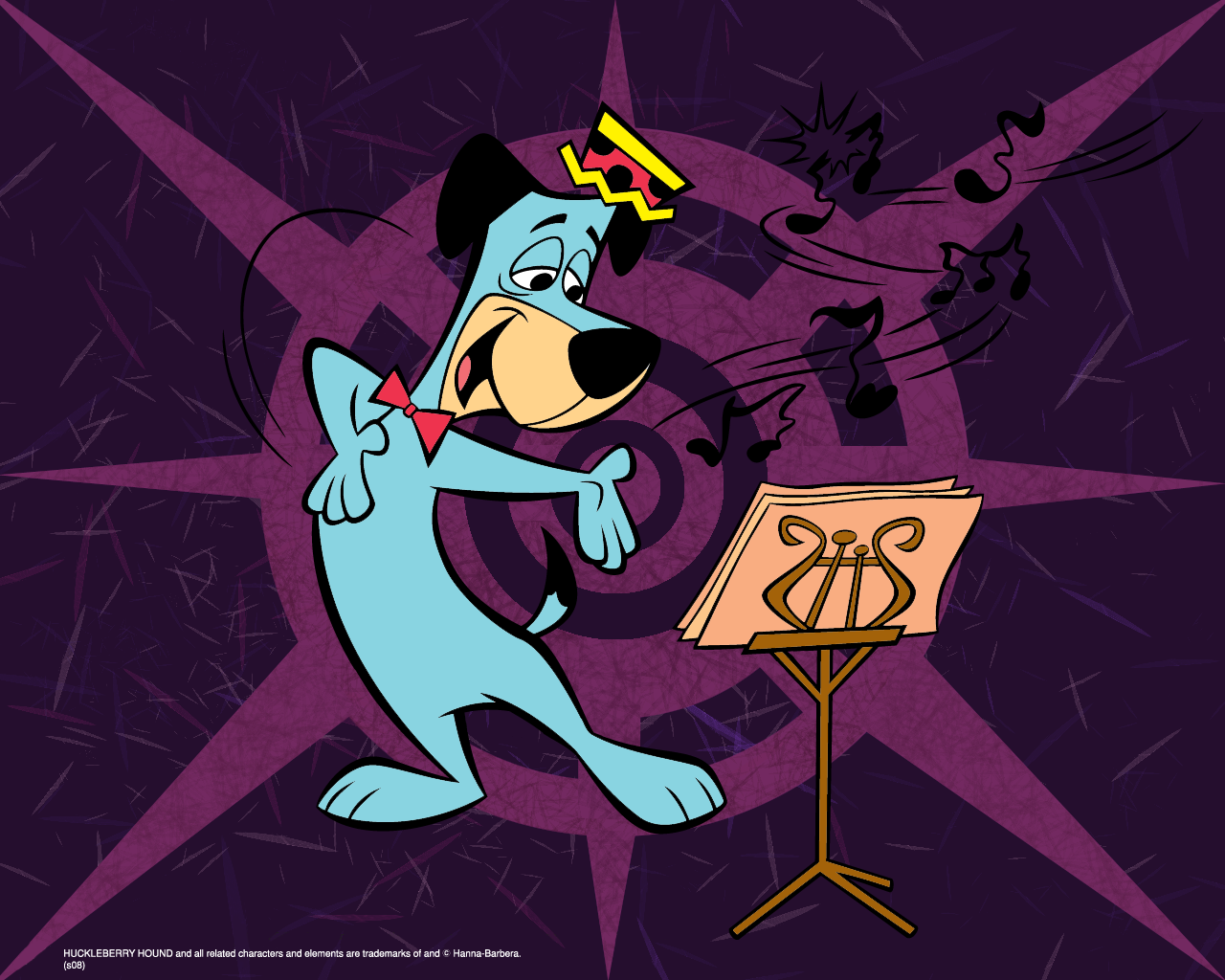 Huckleberry Hound, from the TV show, conducts music enthusiastically in front of a stand with a sheet of music and floating musical notes.