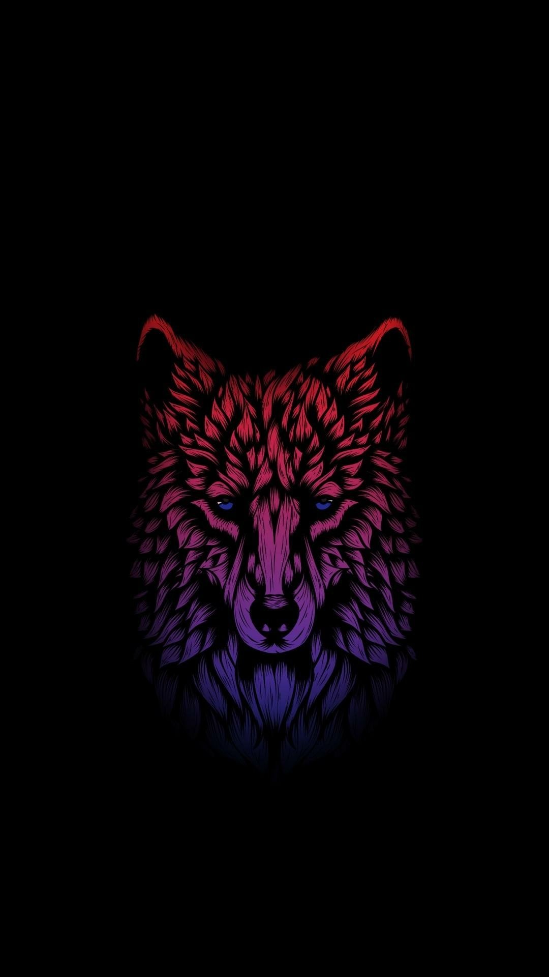 Neon gradient wolf head illustration in red, purple and blue on a black background, with intricate stylized fur and piercing blue eyes.