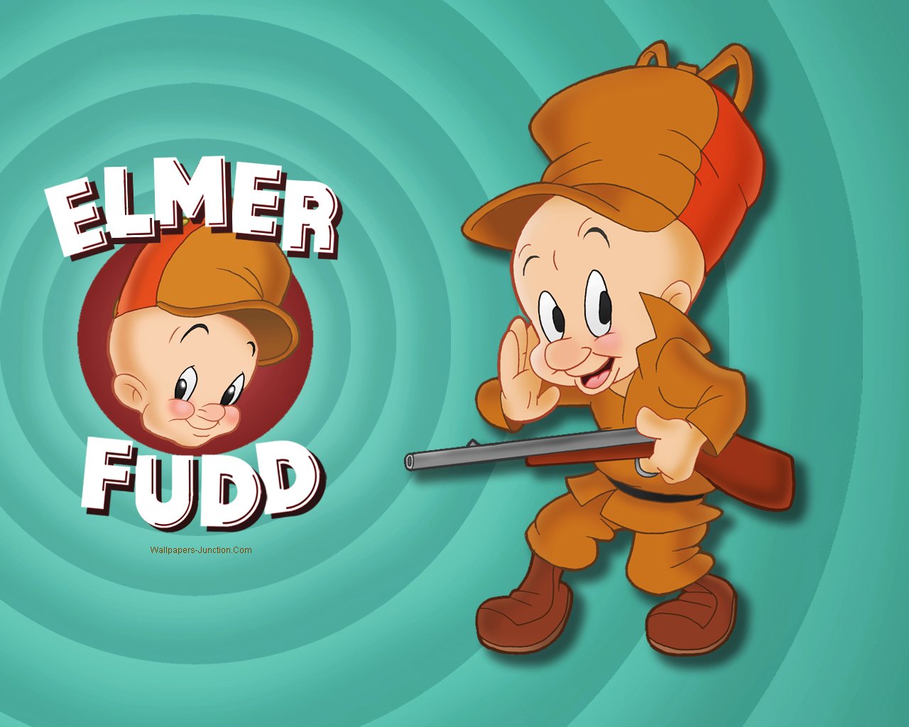 A colorful illustration of Elmer Fudd from the TV show Looney Tunes, featuring him with a shotgun and a playful expression against a vibrant circular background.