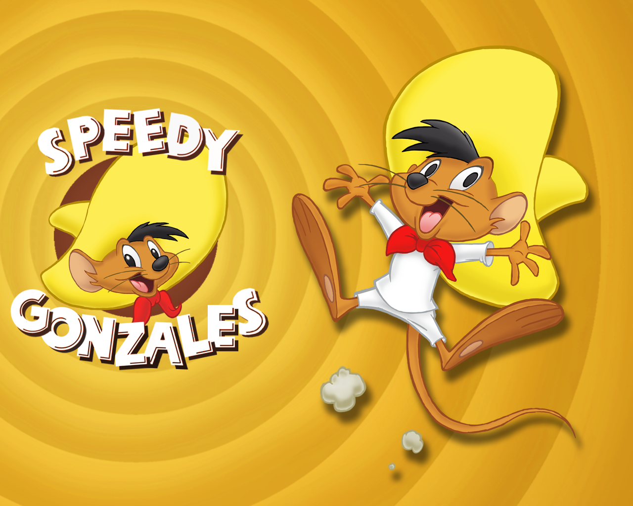 A vibrant image of Speedy Gonzales from the Looney Tunes TV show, showcasing the speedy cartoon mouse with his iconic yellow sombrero and cheerful expression, set against a bright background.