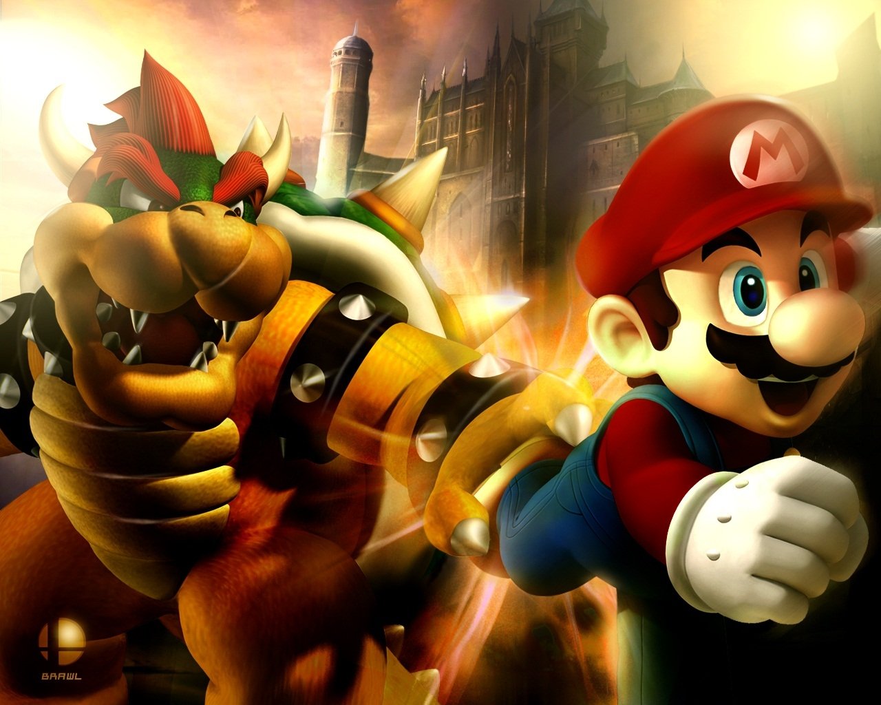 Mario rushes forward, determined, while Bowser looms menacingly behind him, showcasing an iconic confrontation in this vibrant video game scene.