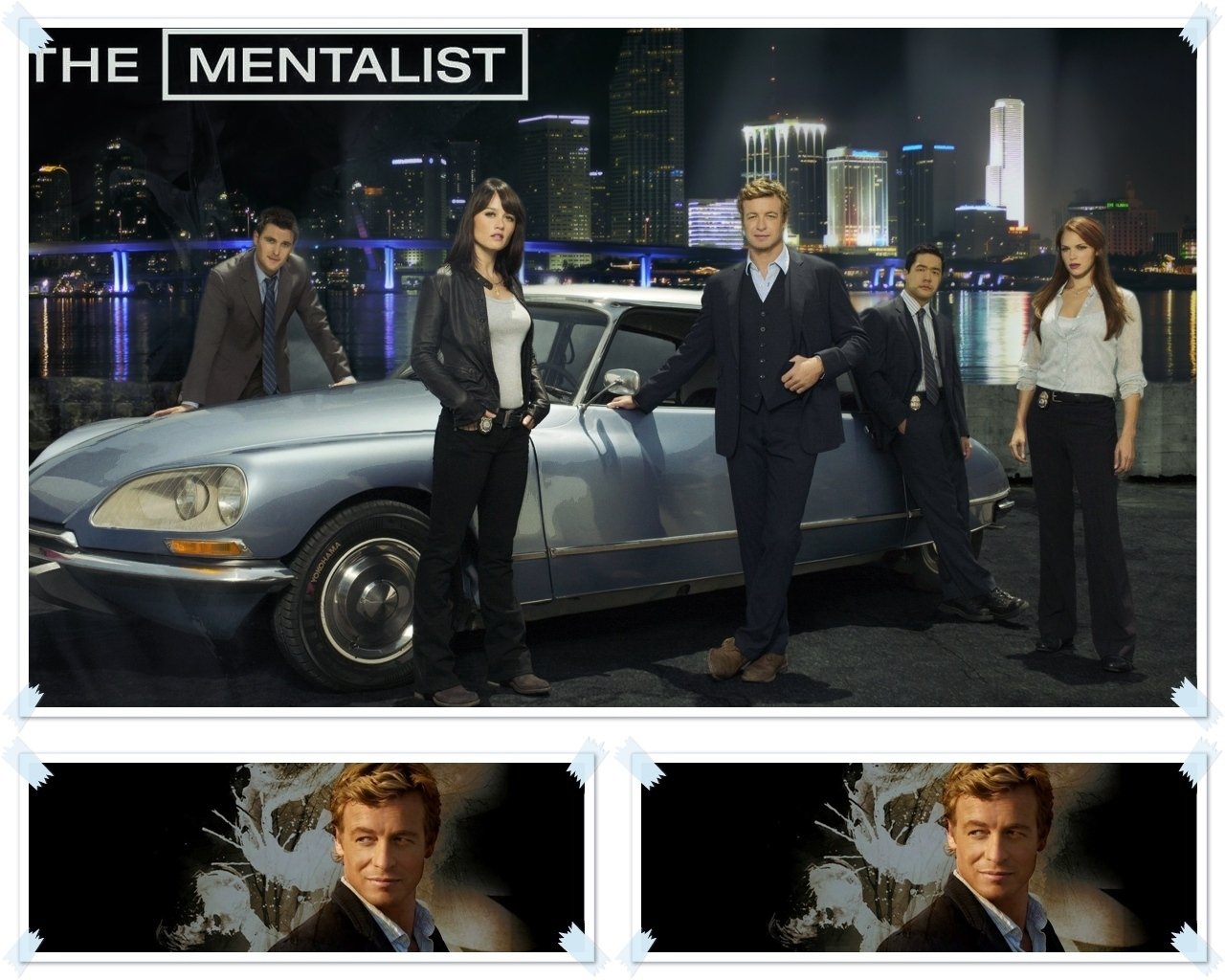 Promotional shot for the TV show The Mentalist: the ensemble cast in front of a vintage car and a lit city skyline at night.