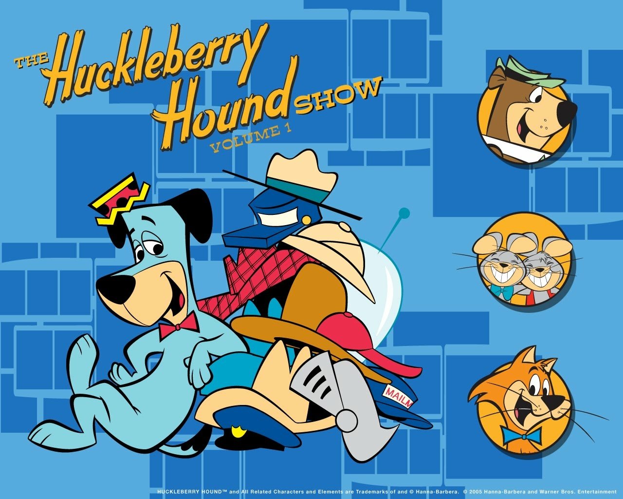 Promotional image for The Huckleberry Hound Show featuring Huckleberry Hound and other cartoon characters against a blue brick background.
