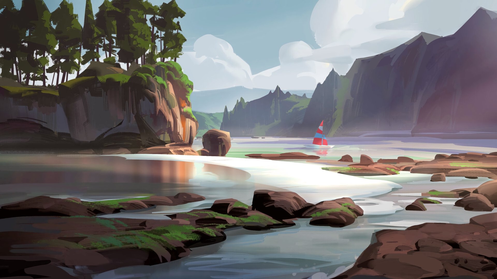 Artistic landscape of calm water winding through rocky tide pools toward forested cliffs and distant mountains beneath a bright, partly cloudy sky.