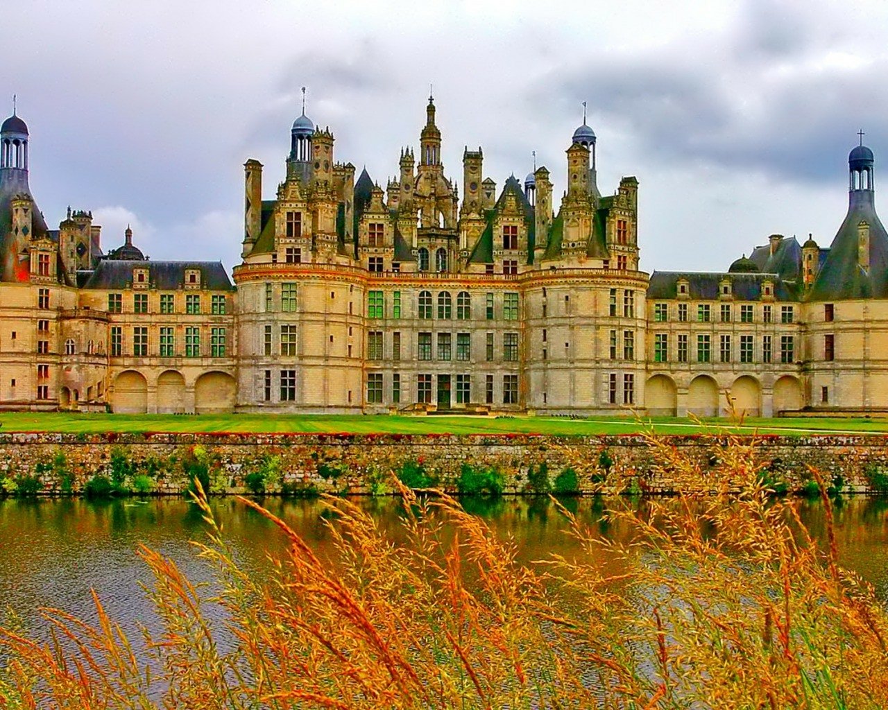 View of the man-made Château de Chambord with its ornate towers and elaborate architecture, reflected in the water with tall grasses in the foreground.