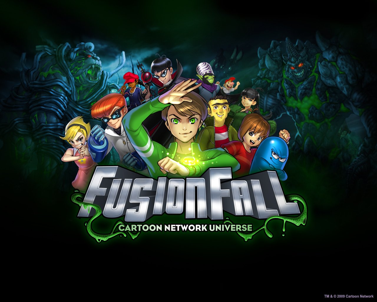 Promotional image for the video game Fusion Fall featuring characters from Cartoon Network Universe against a dark, ominous background.