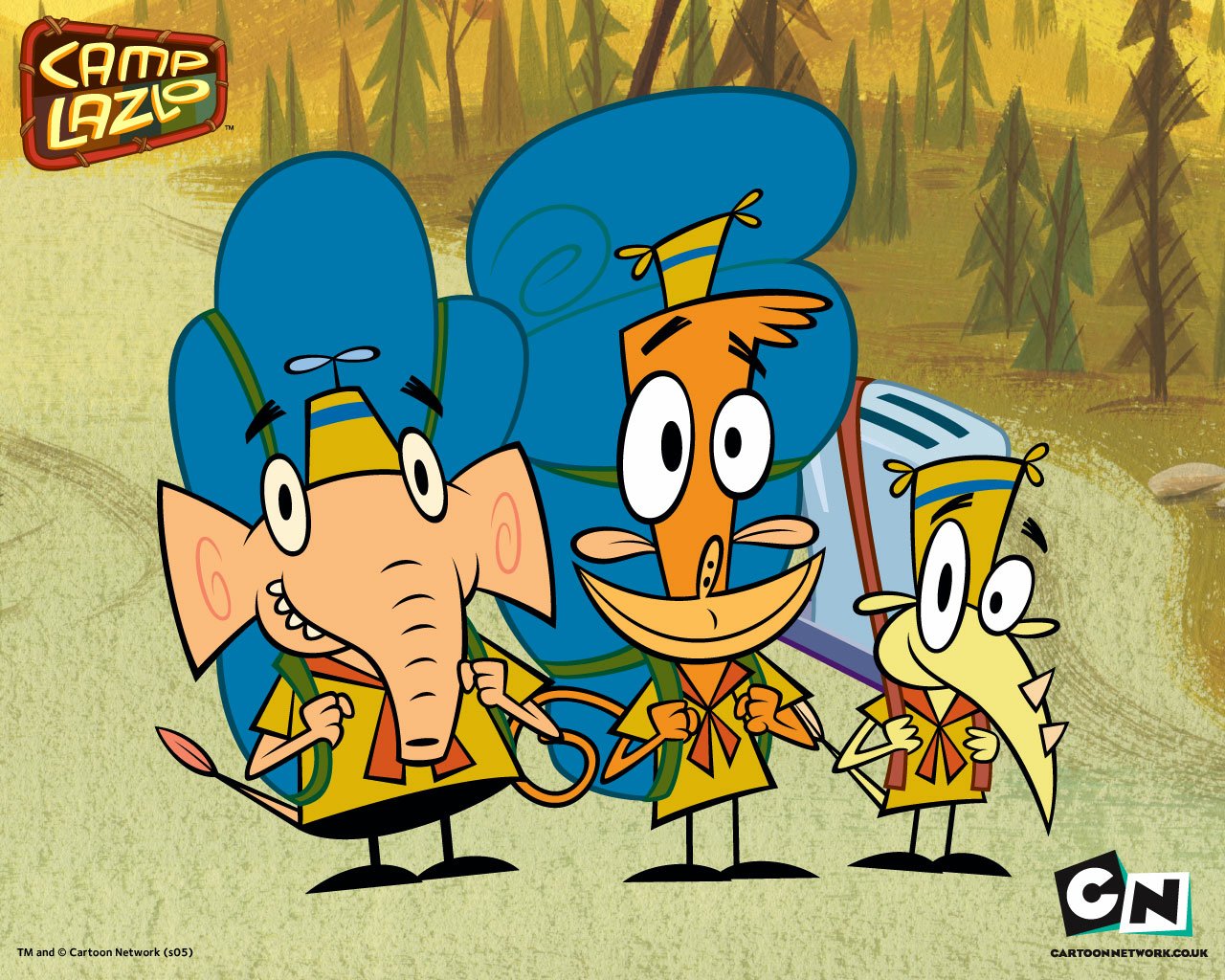 Camp Lazlo TV show image: three scouts — Lazlo (monkey), Raj (elephant) and Clam (lizard) — in scout uniforms standing in a forest campsite.