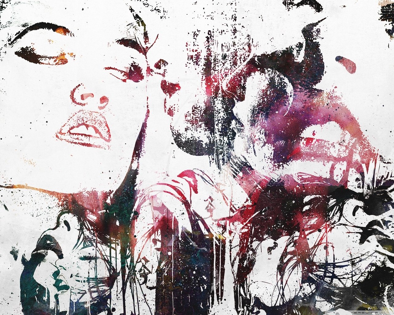 Abstract artistic painting featuring expressive faces and textured paint strokes in shades of black, white, and dark red.