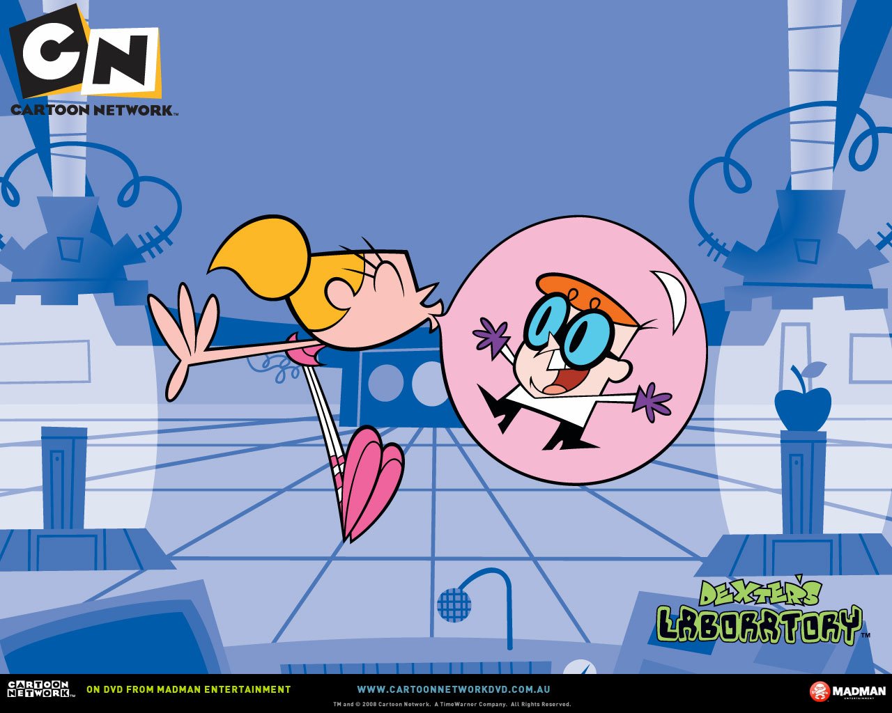 A vibrant scene from *Dexter's Laboratory* shows Dexter in a bubble while Dee Dee playfully engages with him in their high-tech lab, filled with whimsical inventions.