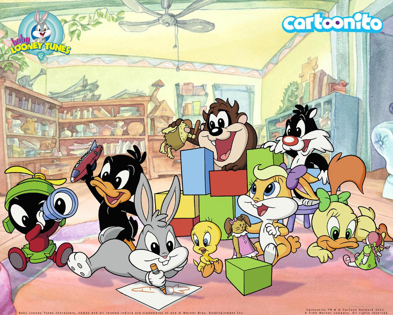 Baby Looney Tunes characters, including Sylvester, Tasmanian Devil, Daffy Duck, Lola Bunny, Tweety, and Bugs Bunny, play together in a colorful room.