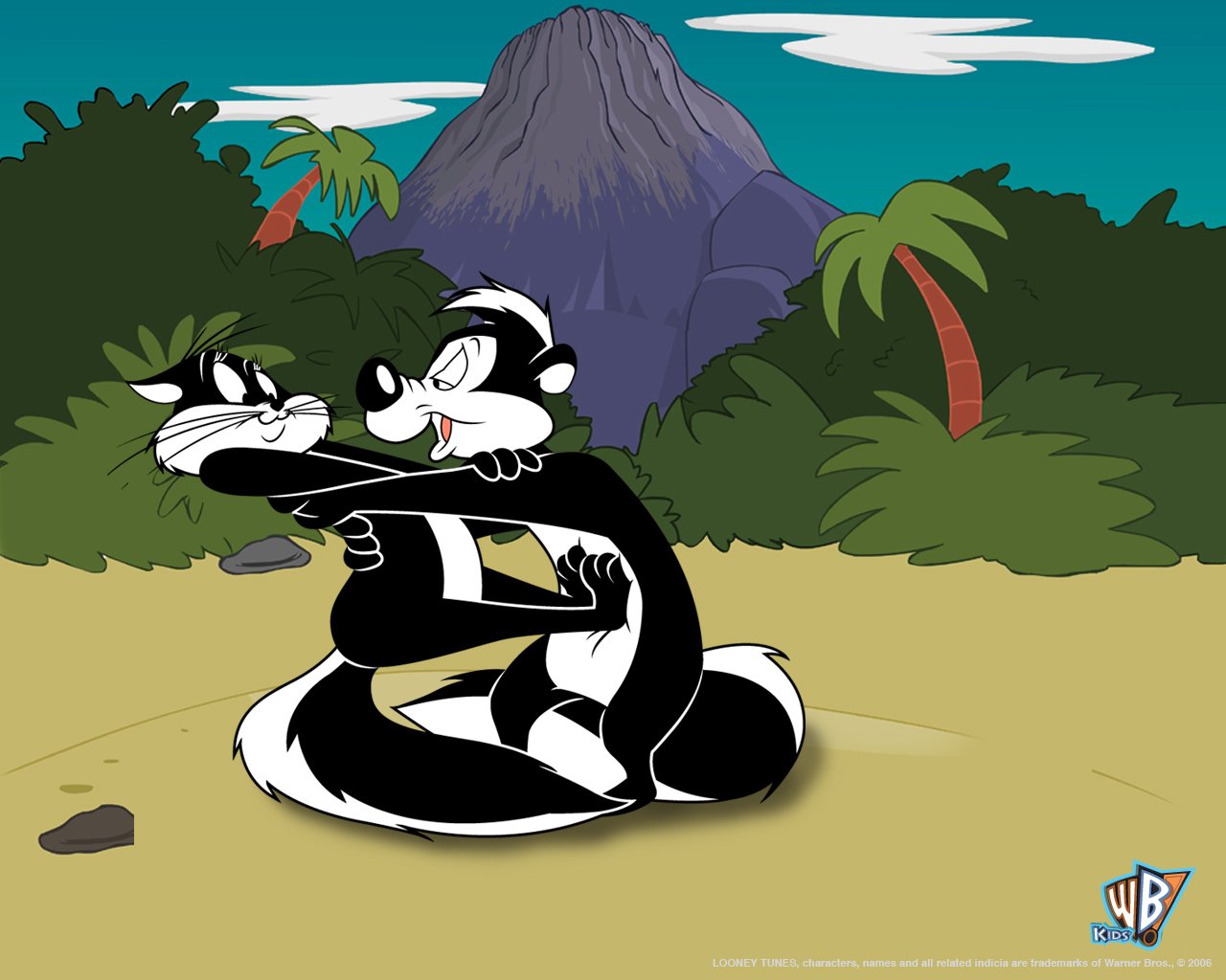 Pepé Le Pew and another skunk character embrace in a tropical setting, featuring lush greenery and a mountain, from the Looney Tunes TV show.
