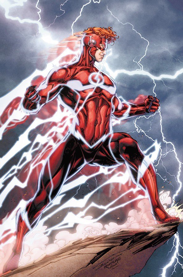 Wally West, in his Flash costume, stands confidently atop a rocky outcrop, surrounded by lightning and energy, embodying the dynamic heroism of DC Comics.