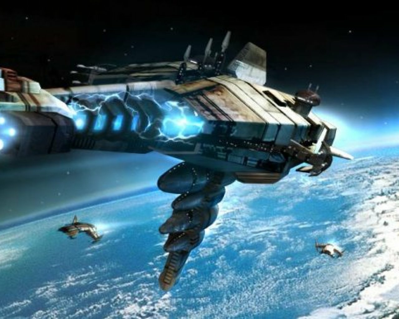 A futuristic spaceship with glowing engines navigates near Earth, featuring advanced technology and sleek design, as seen in the 2012 movie.