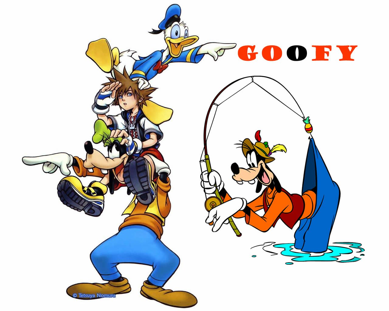 Donald Duck, Sora, and Goofy from Kingdom Hearts are depicted together, with Goofy shown fishing in a playful video game-inspired scene.