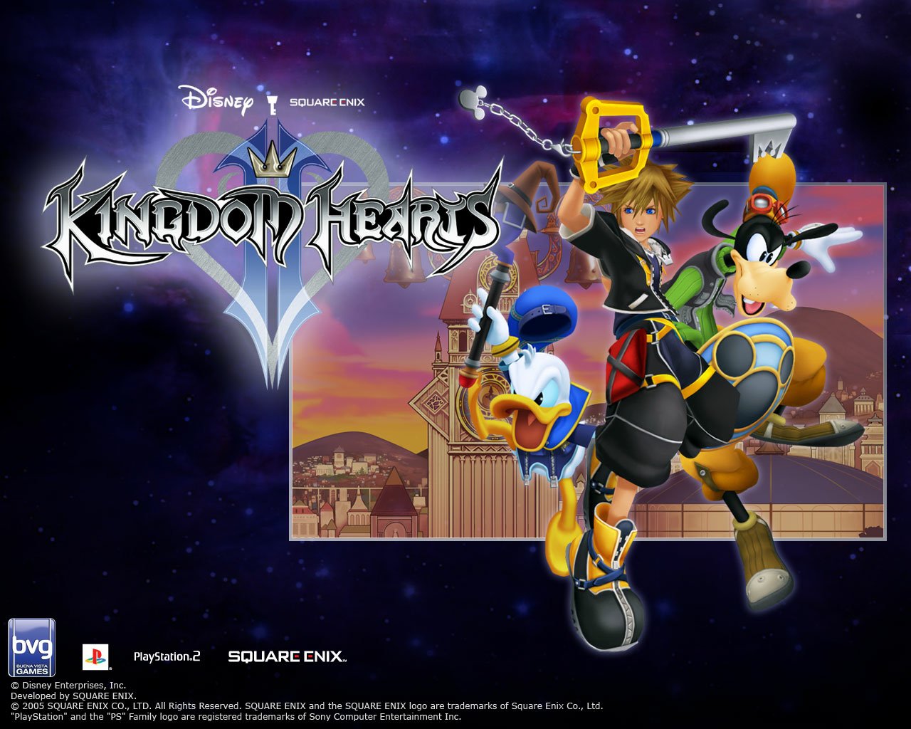 Sora wielding a Keyblade stands with Donald Duck and Goofy, iconic characters from the video game Kingdom Hearts, against a vibrant backdrop.