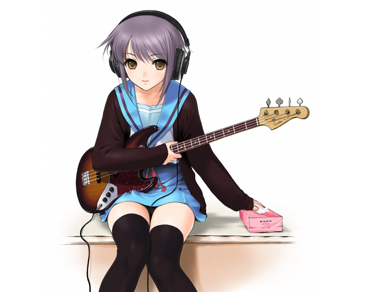 Yuki Nagato from The Melancholy of Haruhi Suzumiya wearing headphones and a school uniform, sitting while holding an electric bass guitar and a pink device.