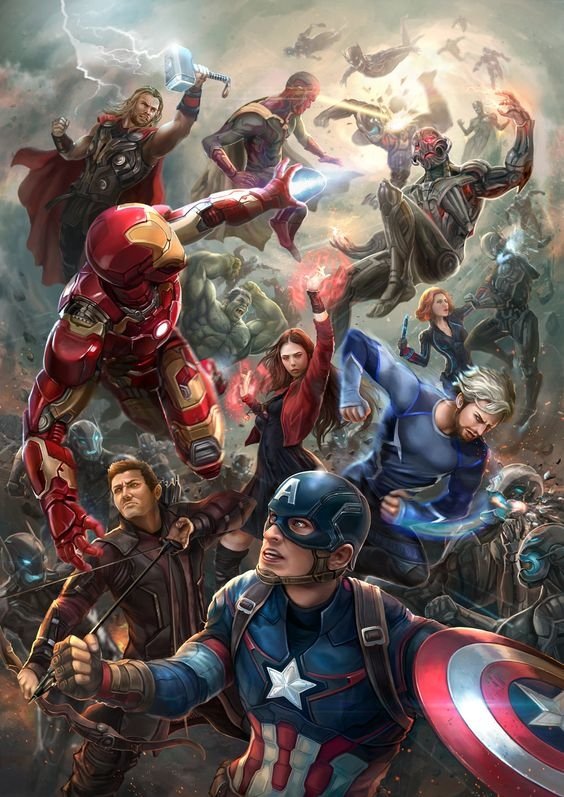 A dynamic scene from Avengers: Age of Ultron, featuring Iron Man, Captain America, Thor, Black Widow, Hulk, Vision, Scarlet Witch, Quicksilver, and Ultron in an epic battle.