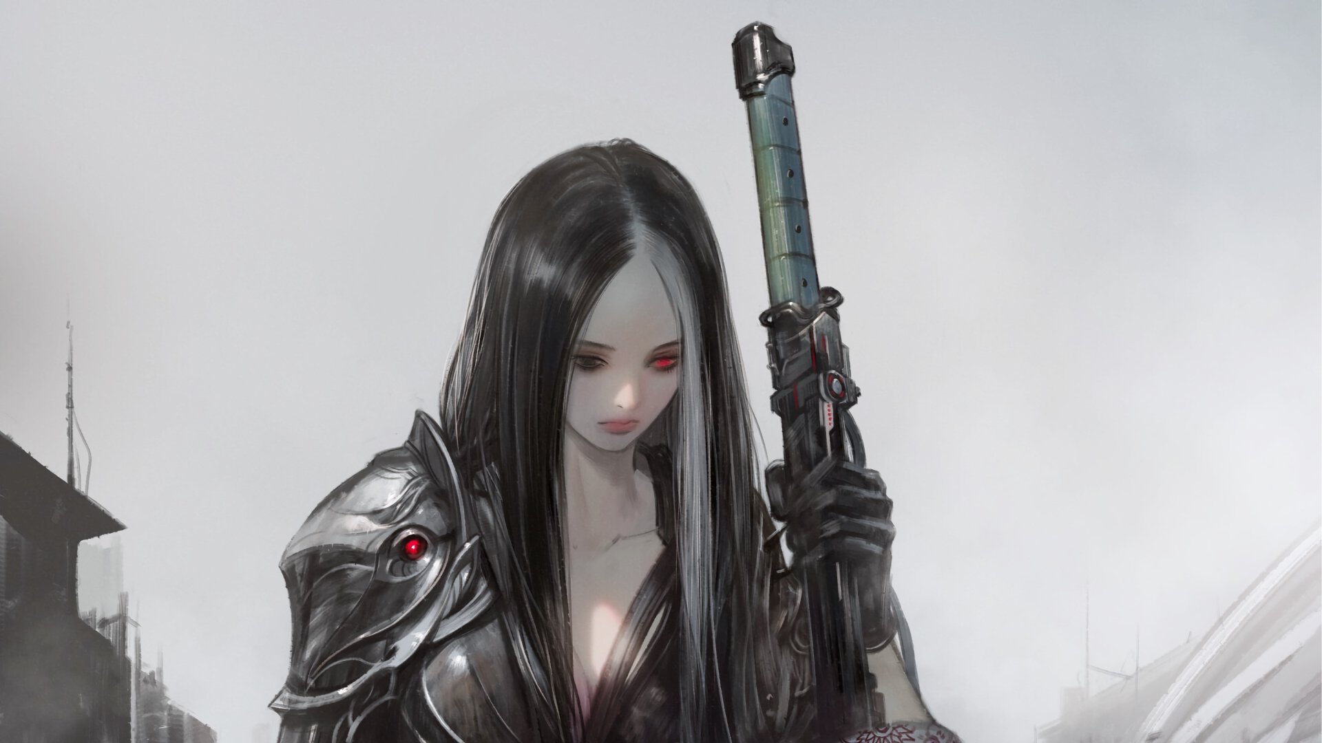 Fantasy woman warrior in dark armor with long black hair holds a massive sword; a red-eyed pauldron gleams as misty ruins loom behind her.