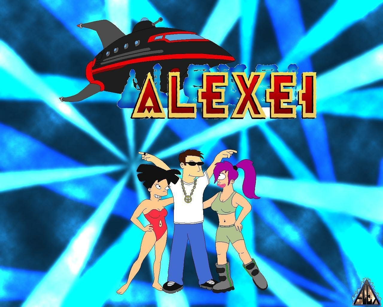 Image of TV show Futurama characters Amy Wong and Leela flanking a man beneath the title ALEXEI against a blue radial starburst background.