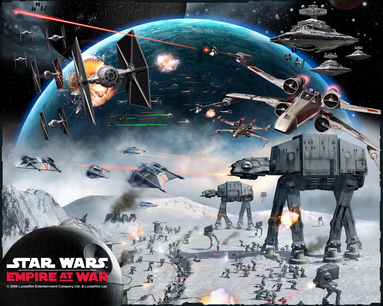 A dynamic scene from Star Wars: Empire at War, featuring iconic ships like TIE Fighters, X-Wings, and AT-AT Walkers amid a space battle with Star Destroyers in the background.
