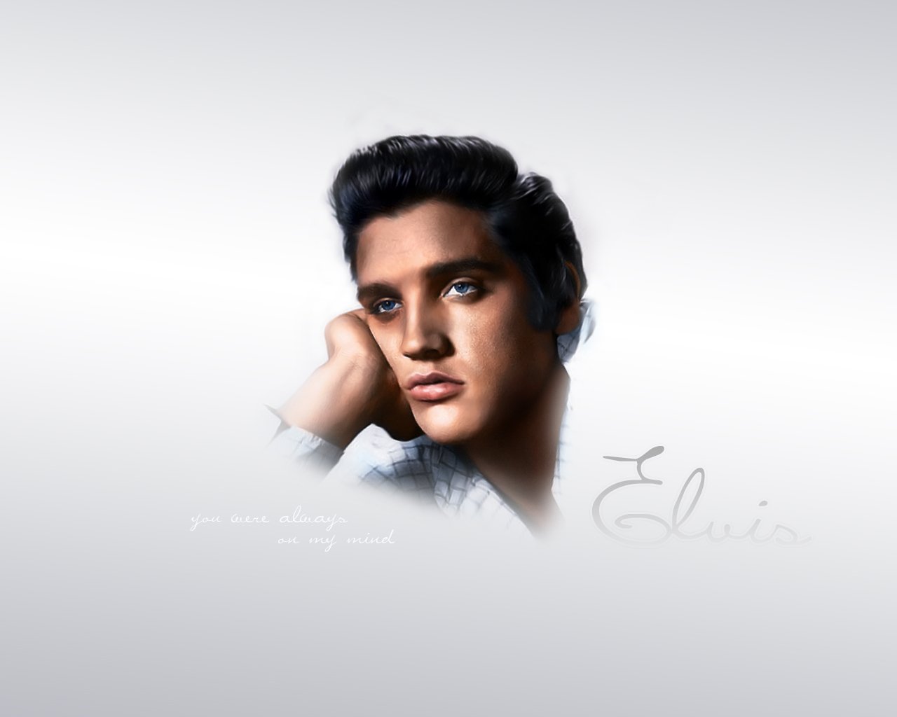 A contemplative portrait of Elvis Presley, showcasing his iconic style and significant influence in music, with a soft gray background and his signature.