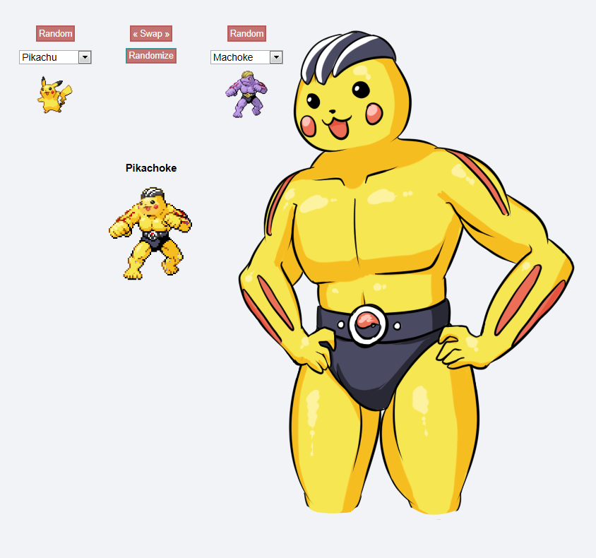 A crossover video game image featuring a muscular fusion character combining Pikachu and Machoke from Pokémon, showcasing Pikachoke with Pikachu's head and Machoke's body.