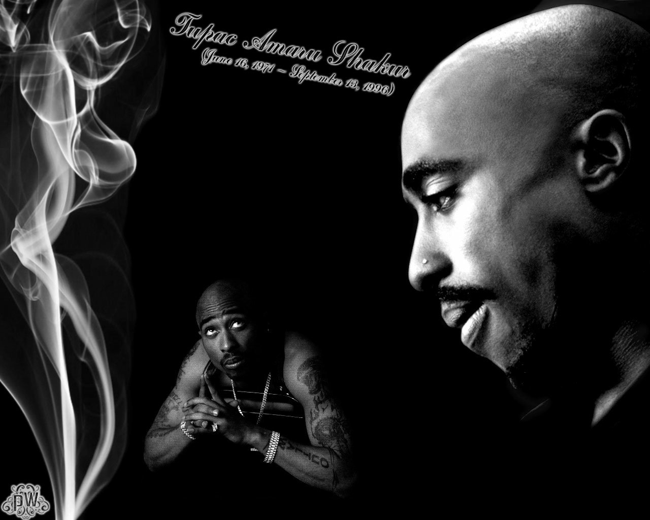 A dramatic black and white image honoring 2Pac, featuring his profile alongside a contemplative pose, with swirling smoke adding an air of mystique.