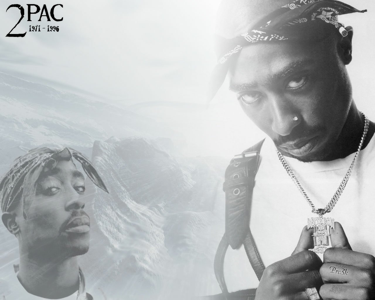 A striking black-and-white image of 2Pac, showcasing his iconic style with a bandana and jewelry, reflecting his influence in music and culture.
