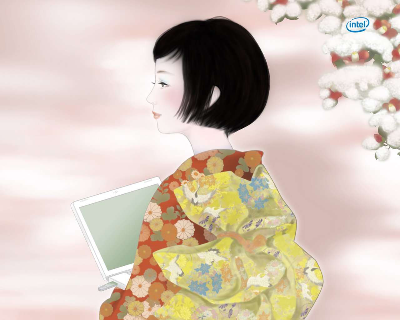 Illustration of a woman in a floral kimono holding a laptop displaying an Intel logo, merging traditional Japanese style with modern technology.