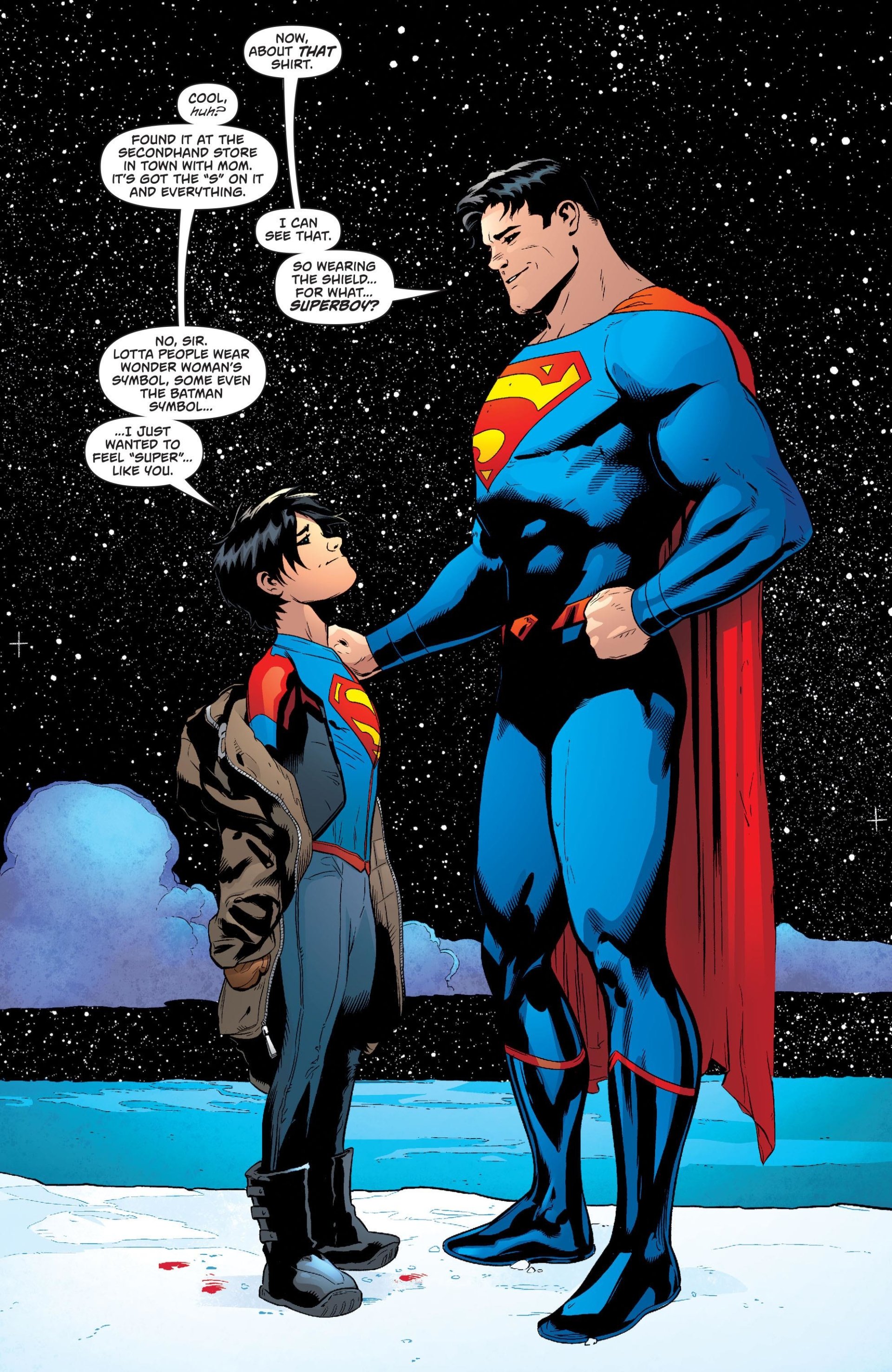 Clark Kent, depicted as Superman, stands in a snowy landscape, interacting with his son, Superboy (Jon Kent), in a heartfelt moment showcasing their bond and superhero legacy.