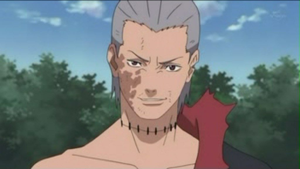 Anime-style image from Naruto featuring a man with gray hair, distinct facial scars, and a confident expression against a backdrop of trees and blue sky.