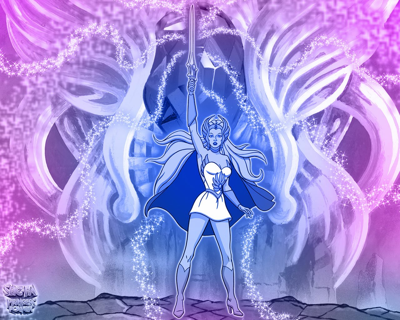 She-Ra stands powerfully with her sword raised high, surrounded by glowing magical energy in a vibrant scene from the TV show She-Ra: Princess of Power.