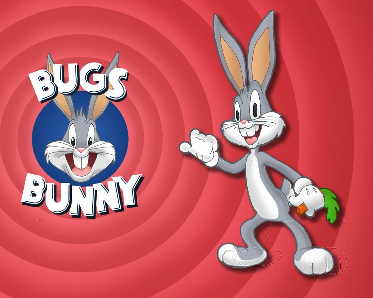 Bugs Bunny, the iconic character from the TV show Looney Tunes, stands cheerfully with a carrot against a vibrant red background, showcasing his playful personality.