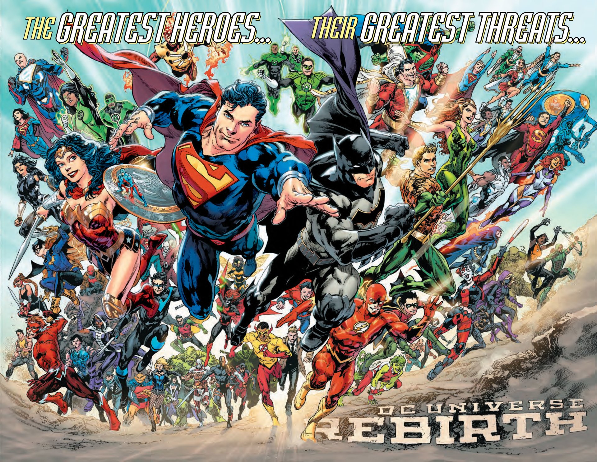 A dynamic group of DC Rebirth superheroes and villains, including Superman, Batman, and Wonder Woman, charging forward in an epic battle scene.